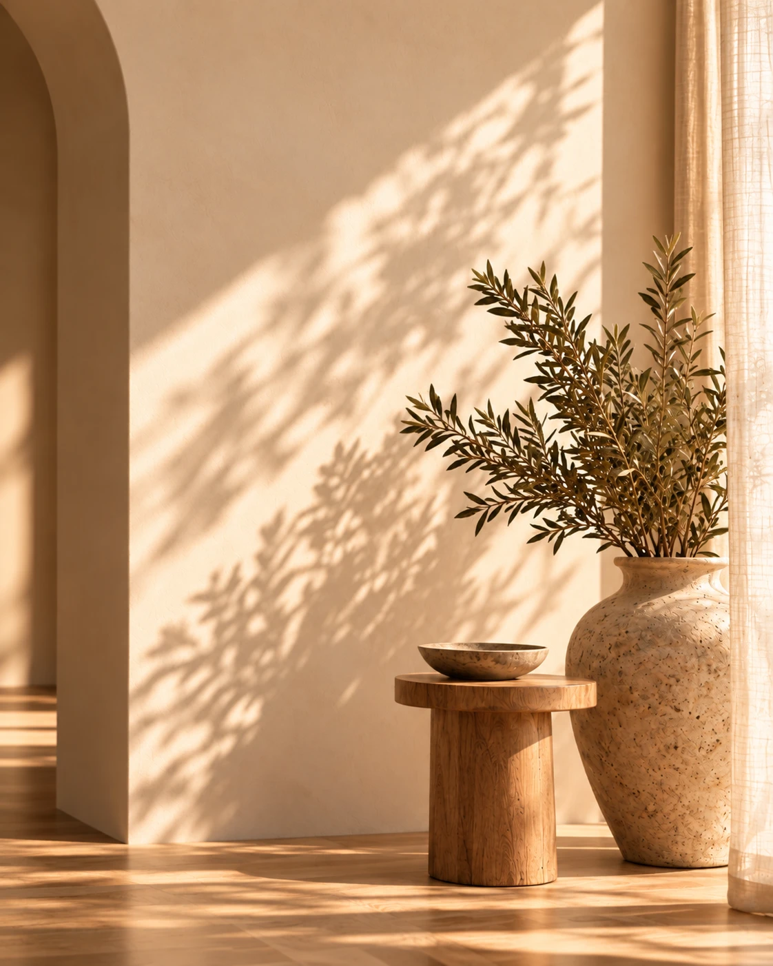 Afternoon sun casting leaf shadows on a plaster wall beside a vase and a wooden side table