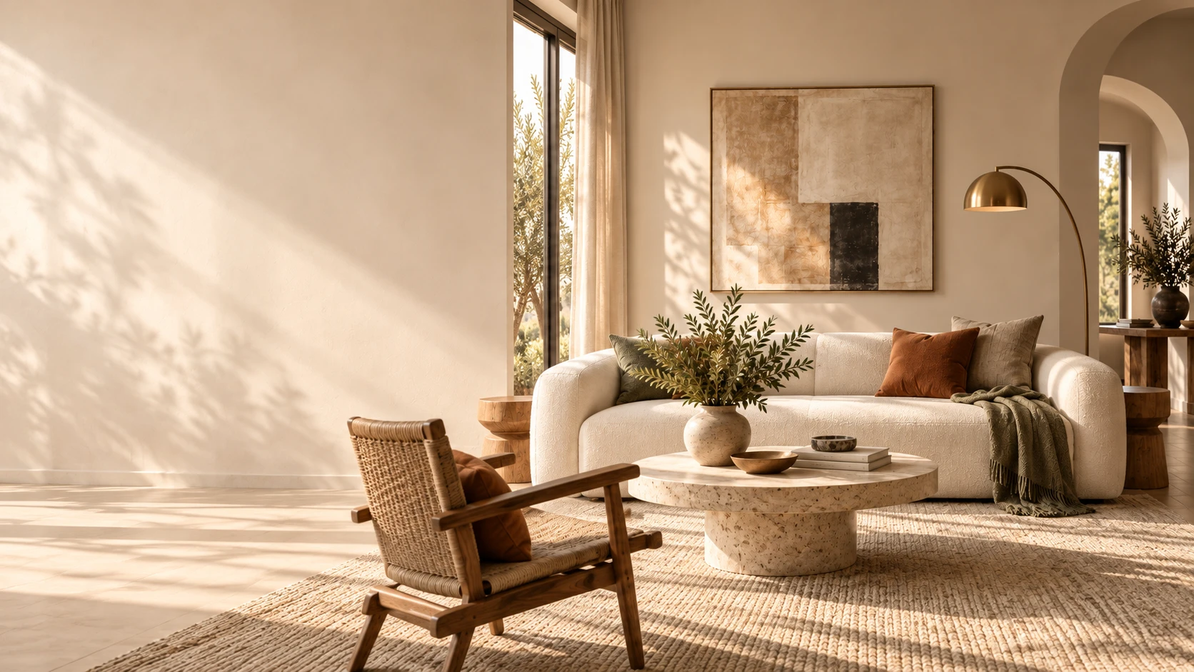 Sunlit living room with a cream sofa, woven chair and a travertine coffee table