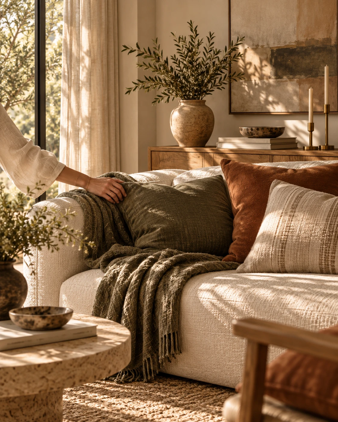 A hand arranging cushions and a throw on a linen sofa in warm natural light