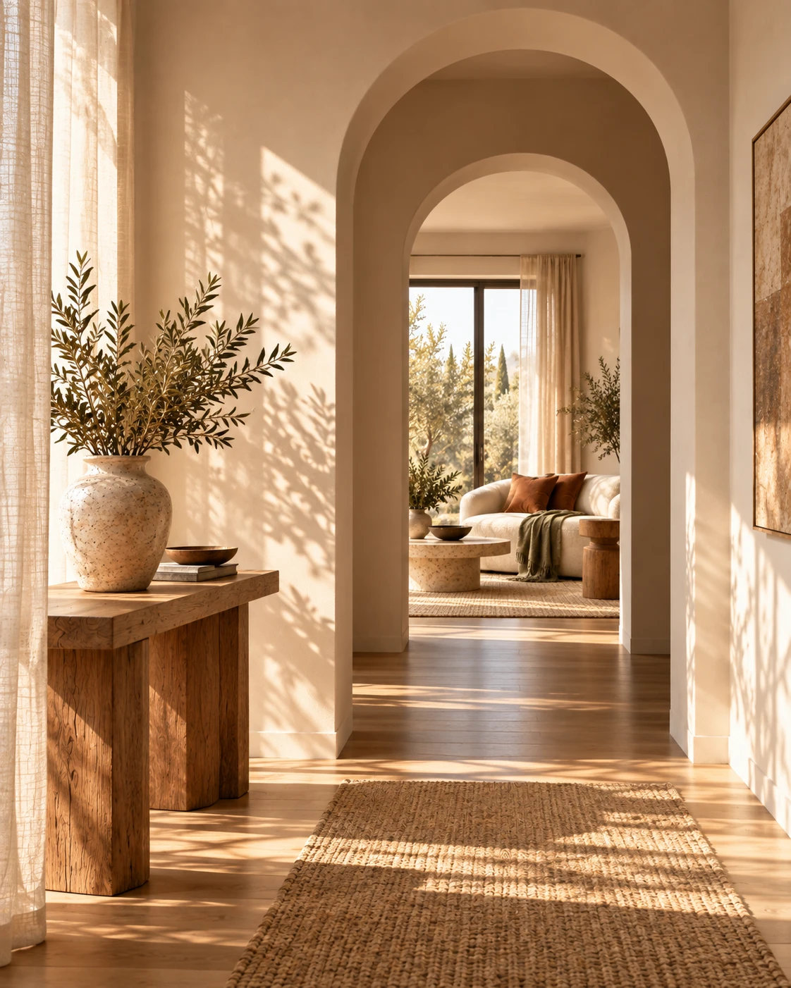 A sunlit hallway with nested arches opening onto a living room